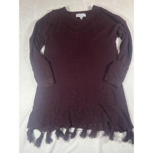 Style New York Sweater Tunic Womens Medium Purple Floral Tassel Hem Knit Hippie